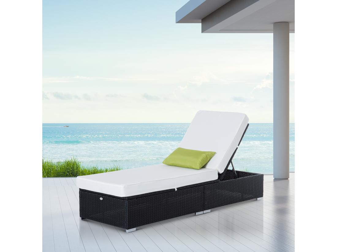 vente unique Bain de soleil transat grand confort 195L x 68l x 31H cm dossier inclinable multi-positions matelas épaisseur 10 cm crème résine tressée 4 fils noir