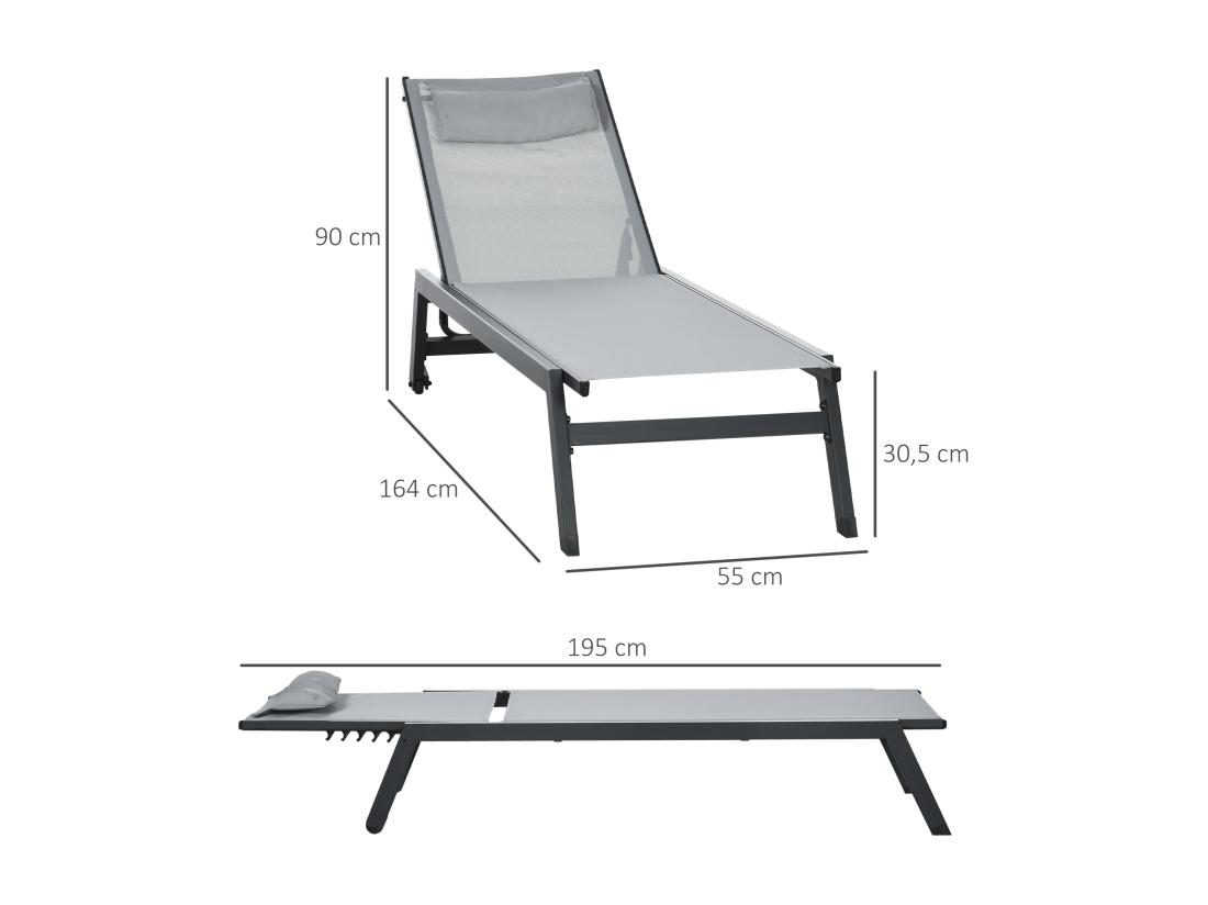 Vente Unique Bain De Soleil Transat Inclinable 5 Positions - Tétière 2 Roulettes - Alu. Textilène Gris