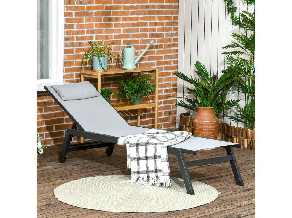 vente unique Bain de soleil transat inclinable 5 positions - tétière 2 roulettes - alu. textilène gris
