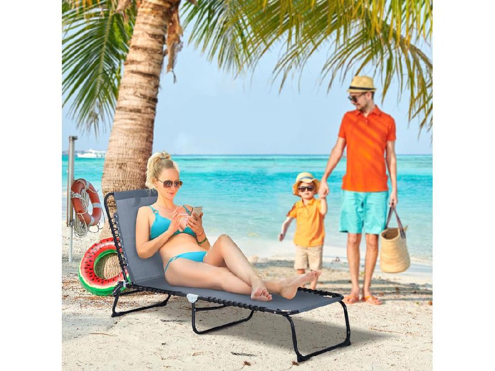 Vente Unique Bain De Soleil Transat Pliable Dossier Inclinable Multi-positions Acier Thermoplastique Lacets élastiques Noir Textilène Gris