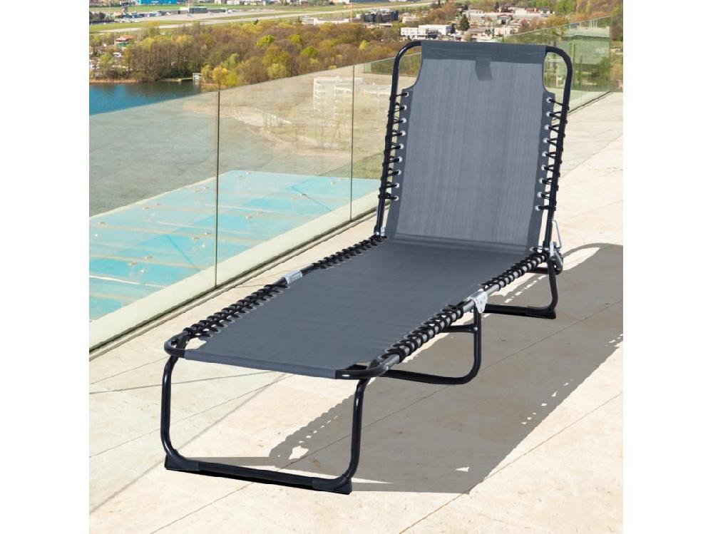Vente Unique Bain De Soleil Transat Pliable Dossier Inclinable Multi-positions Acier Thermoplastique Lacets élastiques Noir Textilène Gris