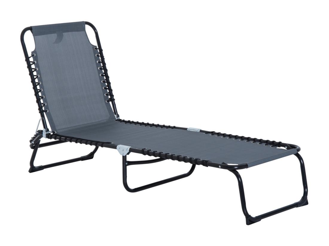 Vente Unique Bain De Soleil Transat Pliable Dossier Inclinable Multi-positions Acier Thermoplastique Lacets élastiques Noir Textilène Gris