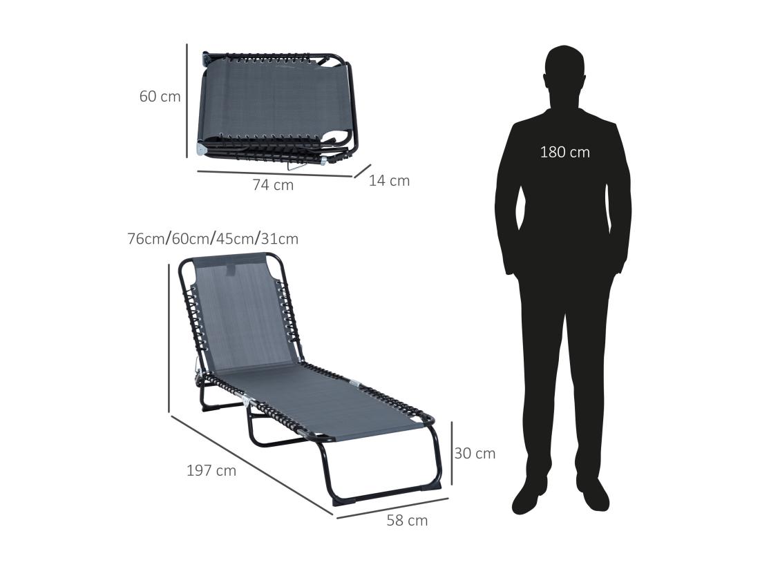 vente unique Bain de soleil transat pliable dossier inclinable multi-positions acier thermoplastique lacets élastiques noir textilène gris