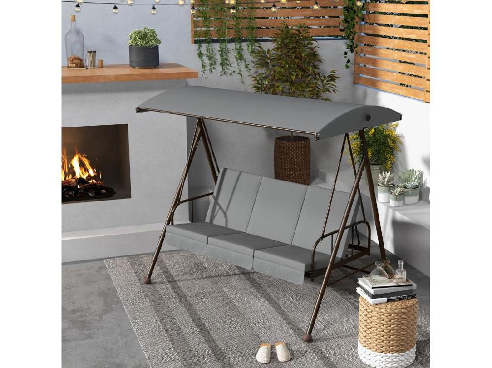 Vente Unique Balancelle De Jardin Convertible 3 Places Grand Confort 3 Coussins Toit Réglable Acier Polyester Gris