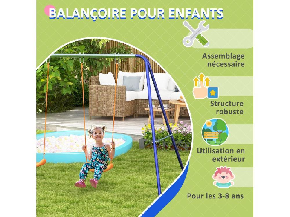 Vente Unique Balançoire 2 Agrès Portique Avec 2 Balançoires Dim. 2 69L X 1 6l X 1 8H M Métal époxy Anticorrosion Vert Bleu PP Orange