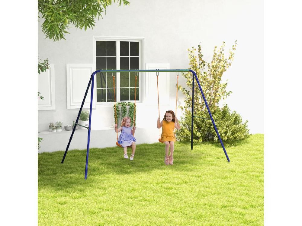 Vente Unique Balançoire 2 Agrès Portique Avec 2 Balançoires Dim. 2 69L X 1 6l X 1 8H M Métal époxy Anticorrosion Vert Bleu PP Orange