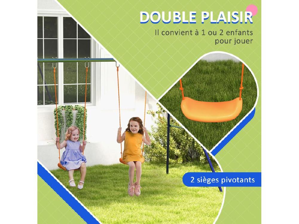 Vente Unique Balançoire 2 Agrès Portique Avec 2 Balançoires Dim. 2 69L X 1 6l X 1 8H M Métal époxy Anticorrosion Vert Bleu PP Orange