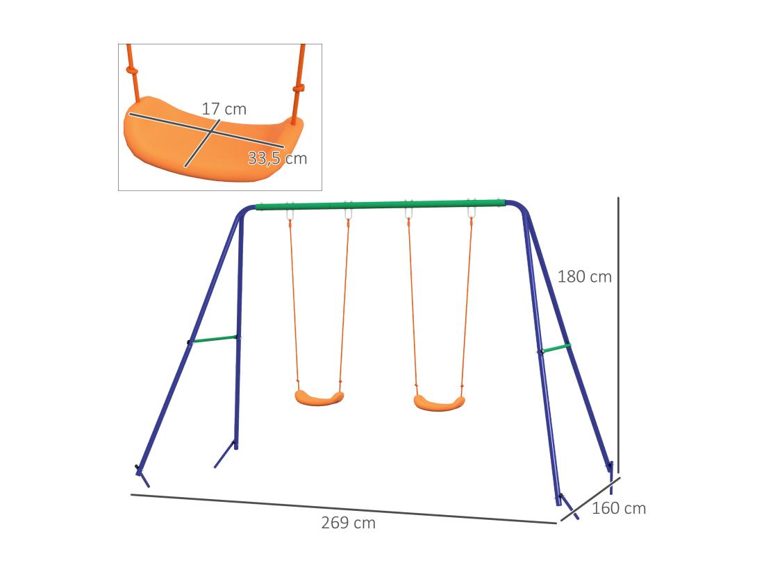 vente unique Balançoire 2 agrès portique avec 2 balançoires dim. 2 69L x 1 6l x 1 8H m métal époxy anticorrosion vert bleu PP orange