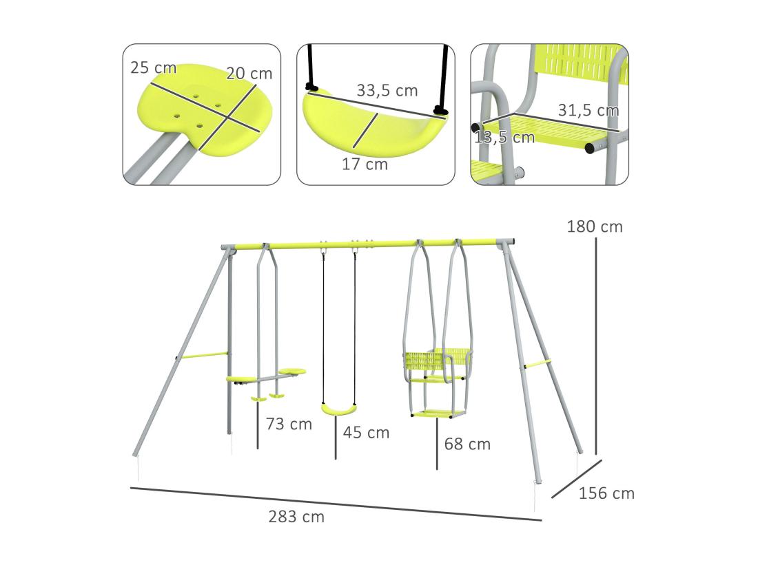 Vente Unique Balançoire 3 Agrès Portique 2 Face à Face Et Balançoire Dim. 2 83L X 1 56l X 1 8H M Métal époxy PE Gris Vert