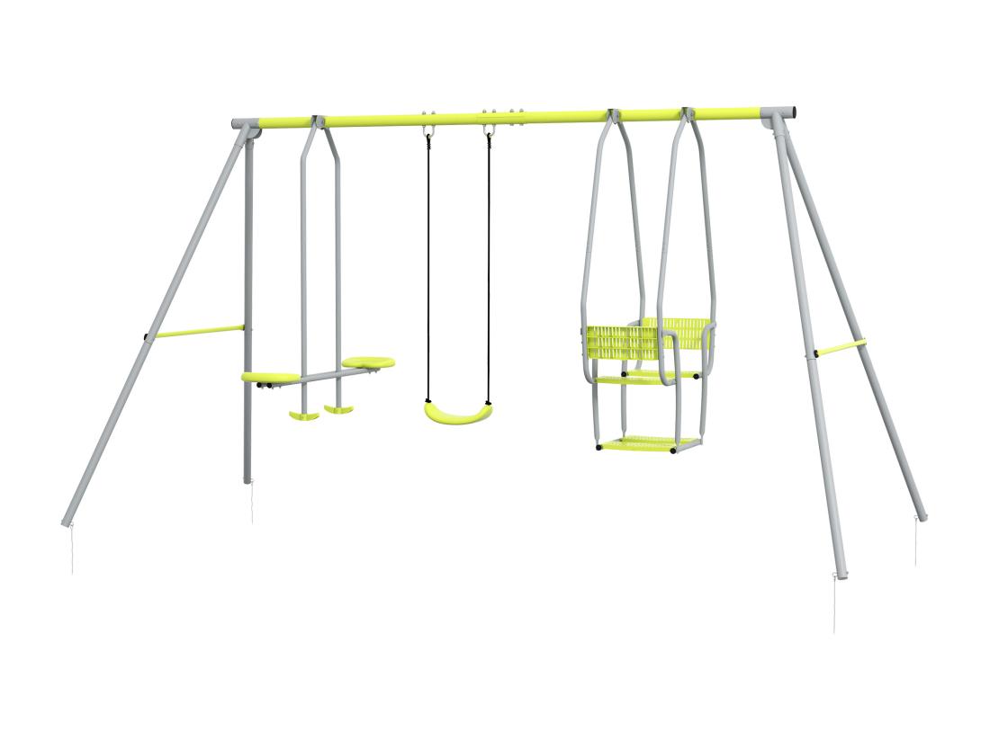 Vente Unique Balançoire 3 Agrès Portique 2 Face à Face Et Balançoire Dim. 2 83L X 1 56l X 1 8H M Métal époxy PE Gris Vert