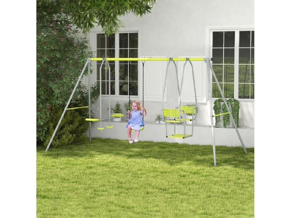 Vente Unique Balançoire 3 Agrès Portique 2 Face à Face Et Balançoire Dim. 2 83L X 1 56l X 1 8H M Métal époxy PE Gris Vert