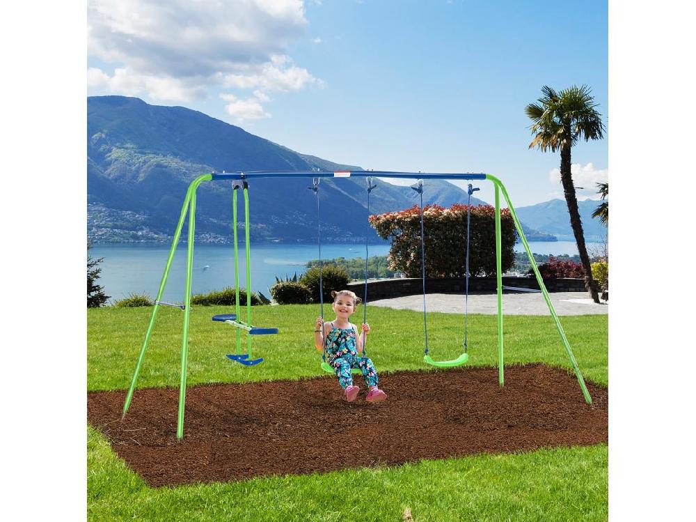 Vente Unique Balançoire 3 Agrès Portique Avec 2 Balançoires Et Face à Face Dim. 2 8L X 1 4l X 1 78H M Métal époxy Anticorrosion PE Vert Bleu