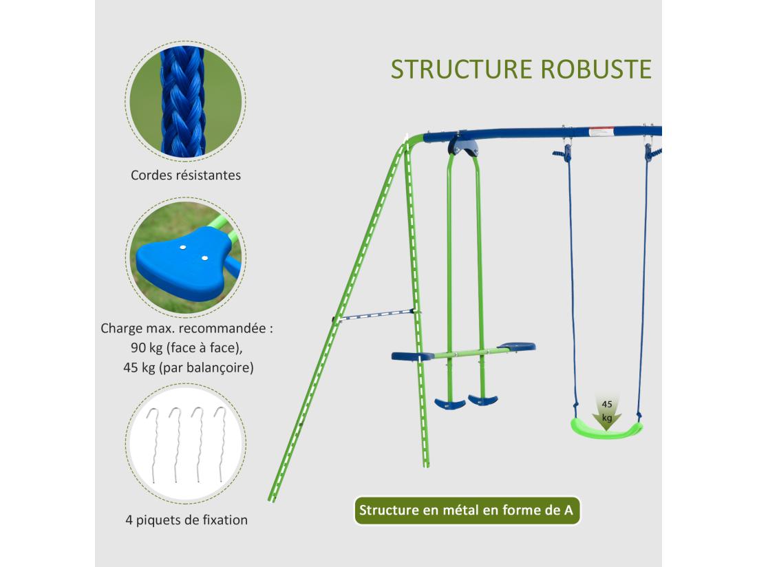 Vente Unique Balançoire 3 Agrès Portique Avec 2 Balançoires Et Face à Face Dim. 2 8L X 1 4l X 1 78H M Métal époxy Anticorrosion PE Vert Bleu