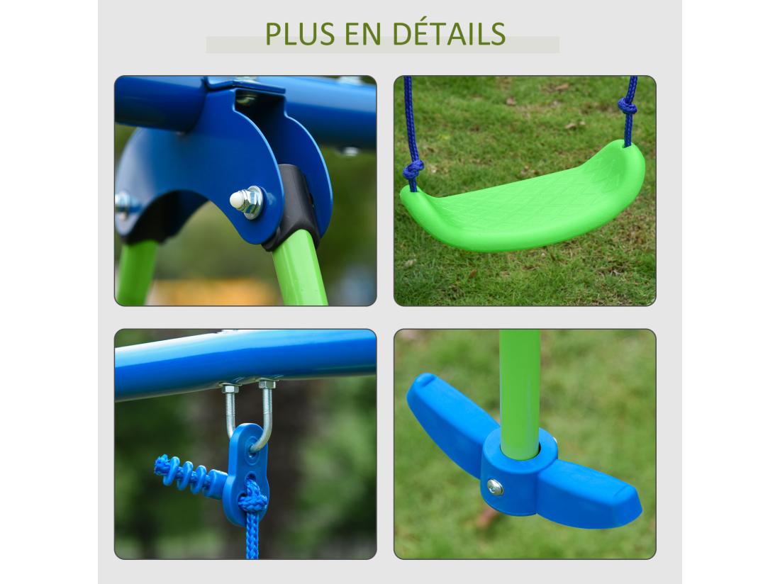 Vente Unique Balançoire 3 Agrès Portique Avec 2 Balançoires Et Face à Face Dim. 2 8L X 1 4l X 1 78H M Métal époxy Anticorrosion PE Vert Bleu