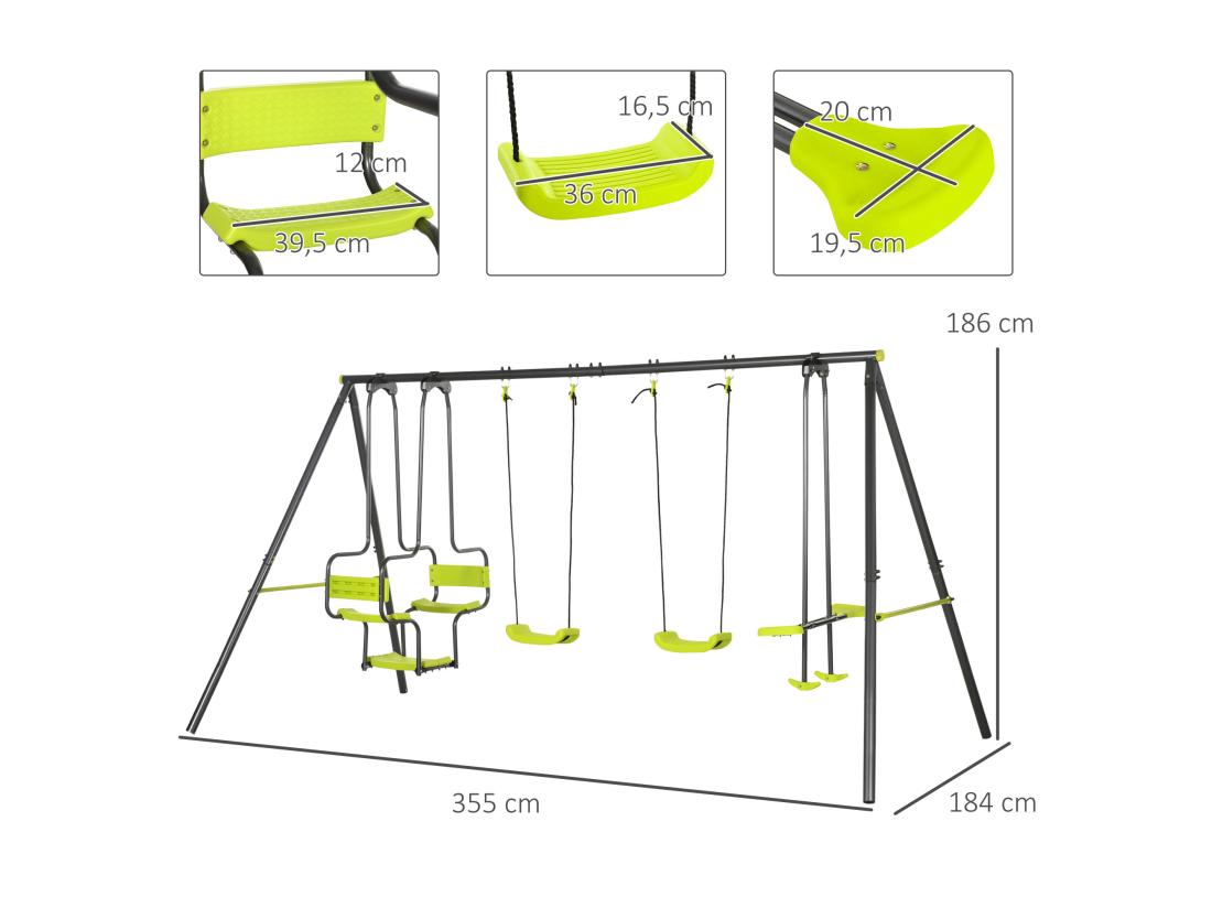 Vente Unique Balançoire 4 Agrès Portique Avec 2 Balançoires Et 2 Face à Face Dim. 3 55L X 1 84l X 1 86H M Acier époxy Gris PE Vert