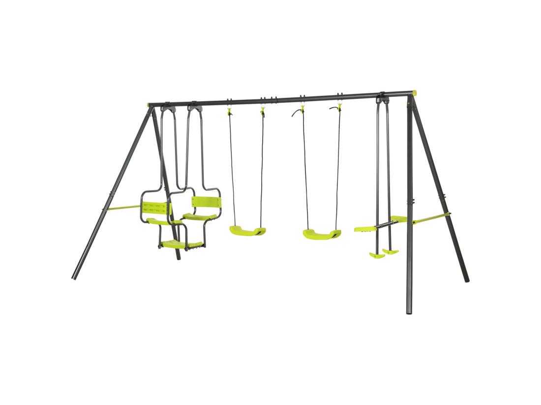 Vente Unique Balançoire 4 Agrès Portique Avec 2 Balançoires Et 2 Face à Face Dim. 3 55L X 1 84l X 1 86H M Acier époxy Gris PE Vert