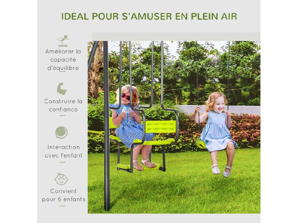 Vente Unique Balançoire 4 Agrès Portique Avec 2 Balançoires Et 2 Face à Face Dim. 3 55L X 1 84l X 1 86H M Acier époxy Gris PE Vert