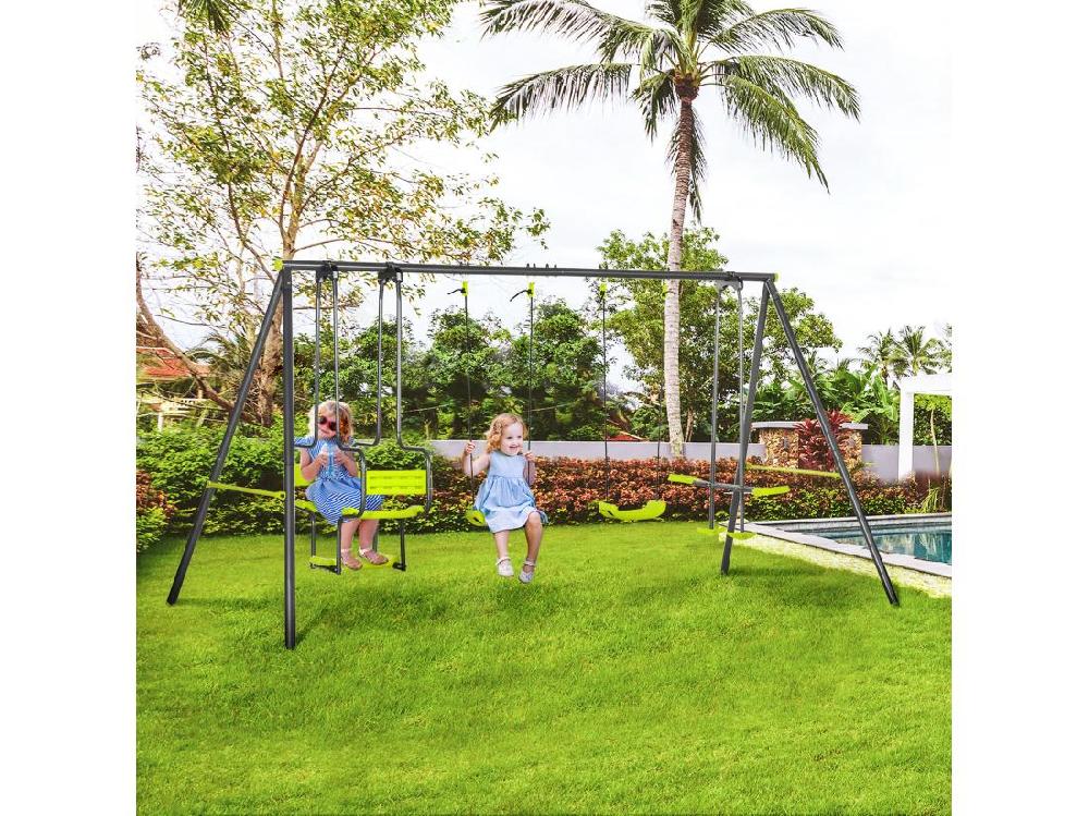 Vente Unique Balançoire 4 Agrès Portique Avec 2 Balançoires Et 2 Face à Face Dim. 3 55L X 1 84l X 1 86H M Acier époxy Gris PE Vert