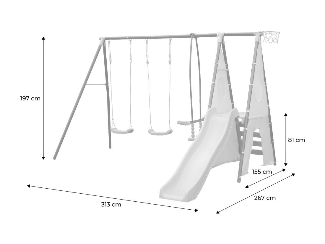 Vente Unique Balançoire 5 Agrès - Portique Avec 2 Balançoires. 1 Face à Face. 1 Toboggan. 1 Panier De Basket. 1 Mur D'escalade Et 1 Tente