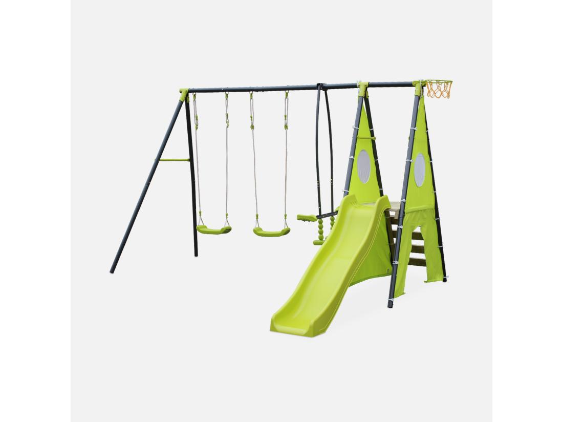Vente Unique Balançoire 5 Agrès - Portique Avec 2 Balançoires. 1 Face à Face. 1 Toboggan. 1 Panier De Basket. 1 Mur D'escalade Et 1 Tente