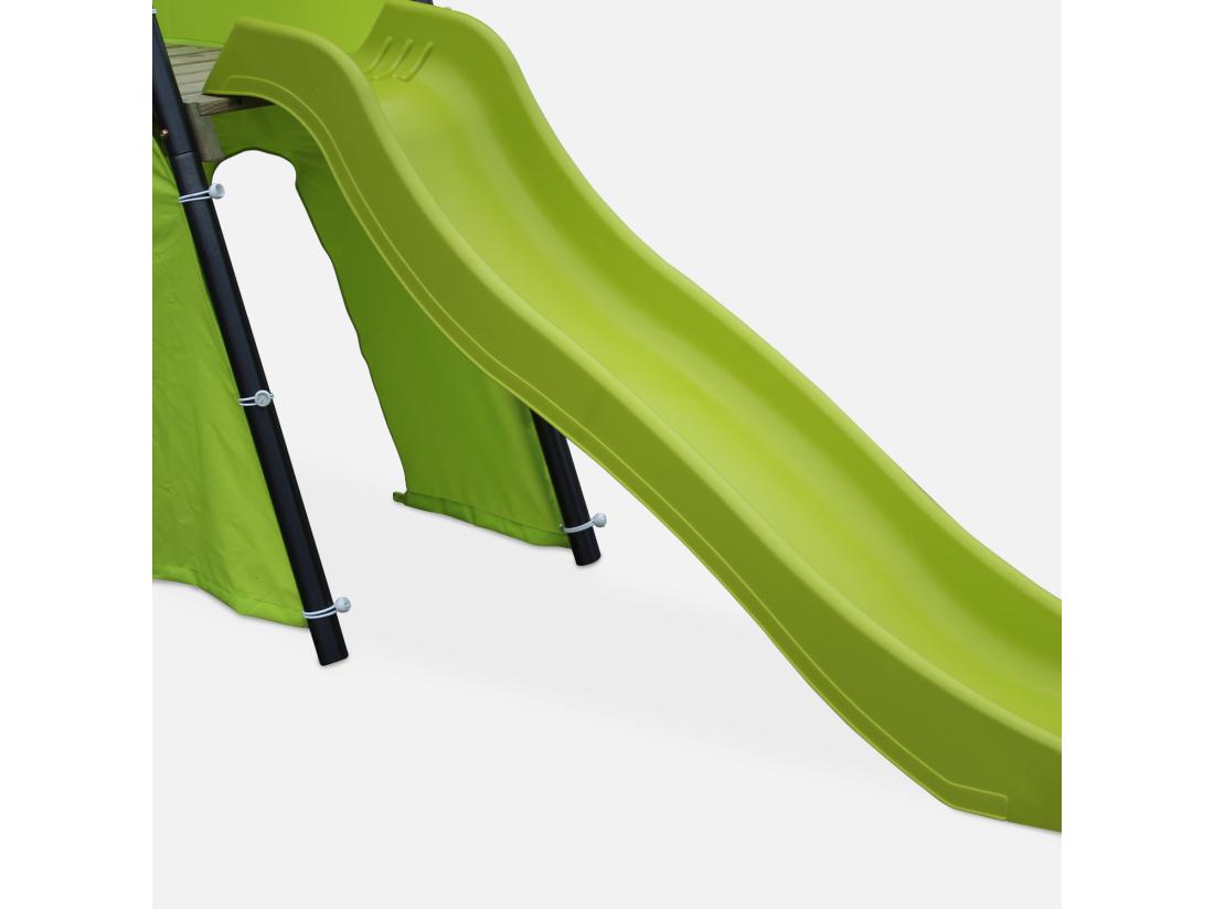vente unique Balançoire 5 agrès - Portique avec 2 balançoires. 1 face à face. 1 toboggan. 1 panier de basket. 1 mur d'escalade et 1 tente