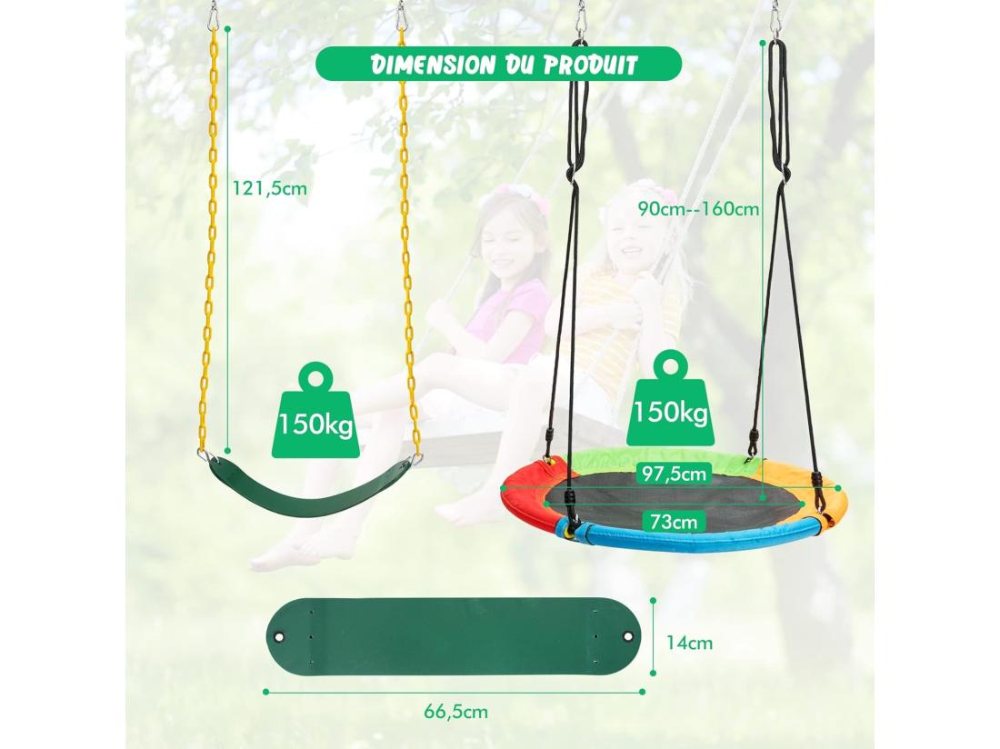 Vente Unique Balançoire Nid D'Oiseau Ø1m Et Balançoire Ceinture 1 2m Avec Cordes Réglables 2 Façons De Suspendre Charge Maximum 150kg