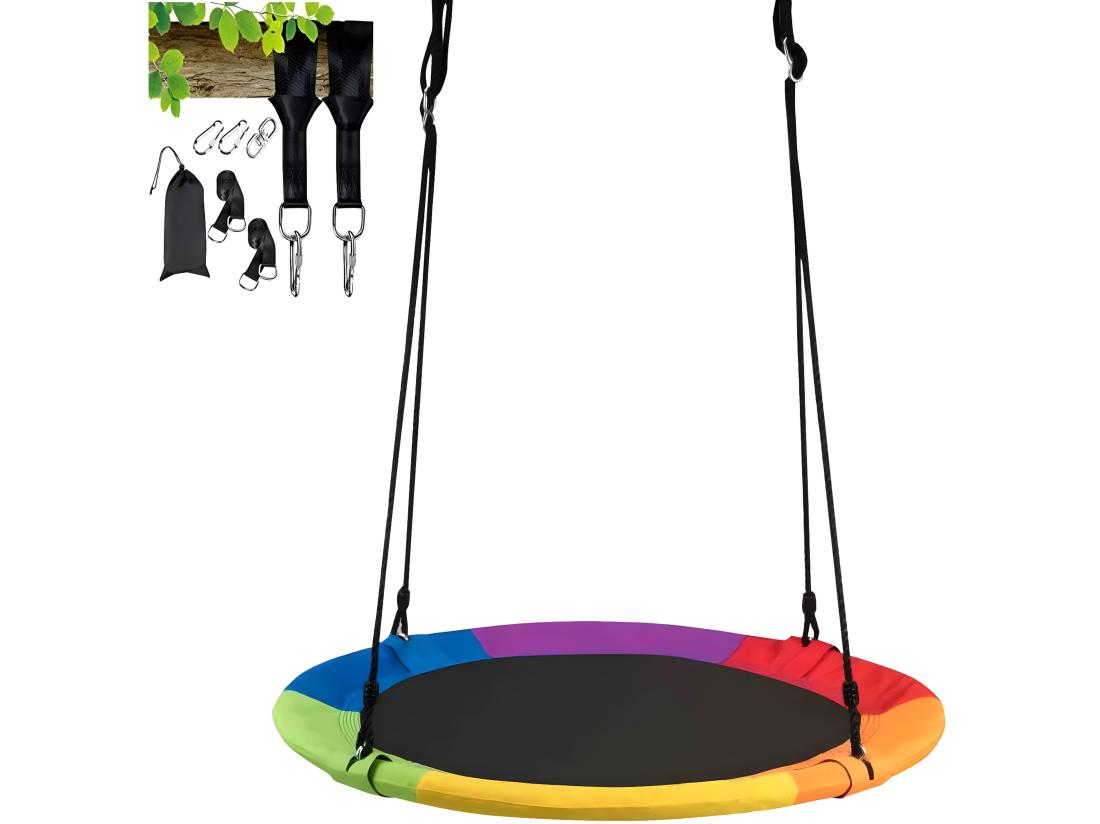 Vente Unique Balançoire Nid D’Oiseau Rond 100CM De Diamètre Pour Arbre Avec Sangle De Suspension Charge Max 150 KG Extérieur Multicolore