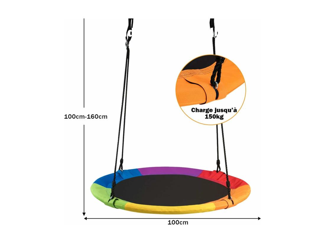 Vente Unique Balançoire Nid D’Oiseau Rond 100CM De Diamètre Pour Arbre Avec Sangle De Suspension Charge Max 150 KG Extérieur Multicolore