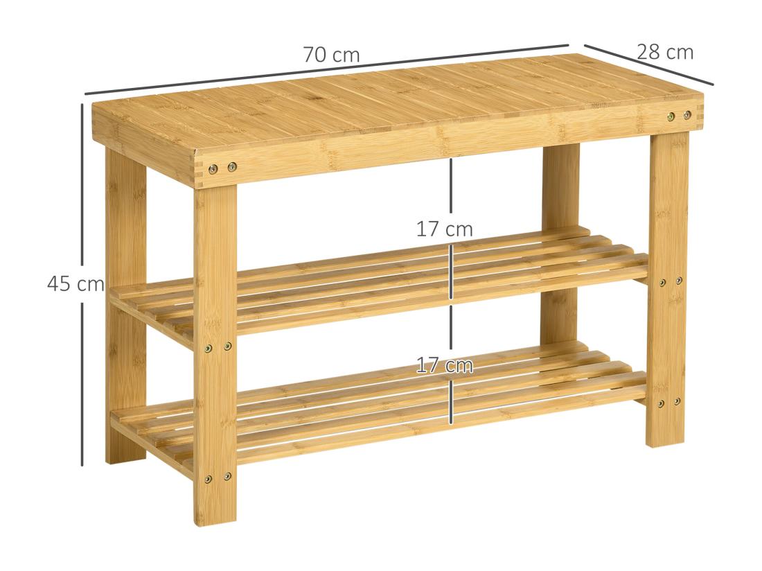 Vente Unique Banc à Chaussures 2 étagères Dim. 70L X 28l X 45H Cm Bois Bambou Verni