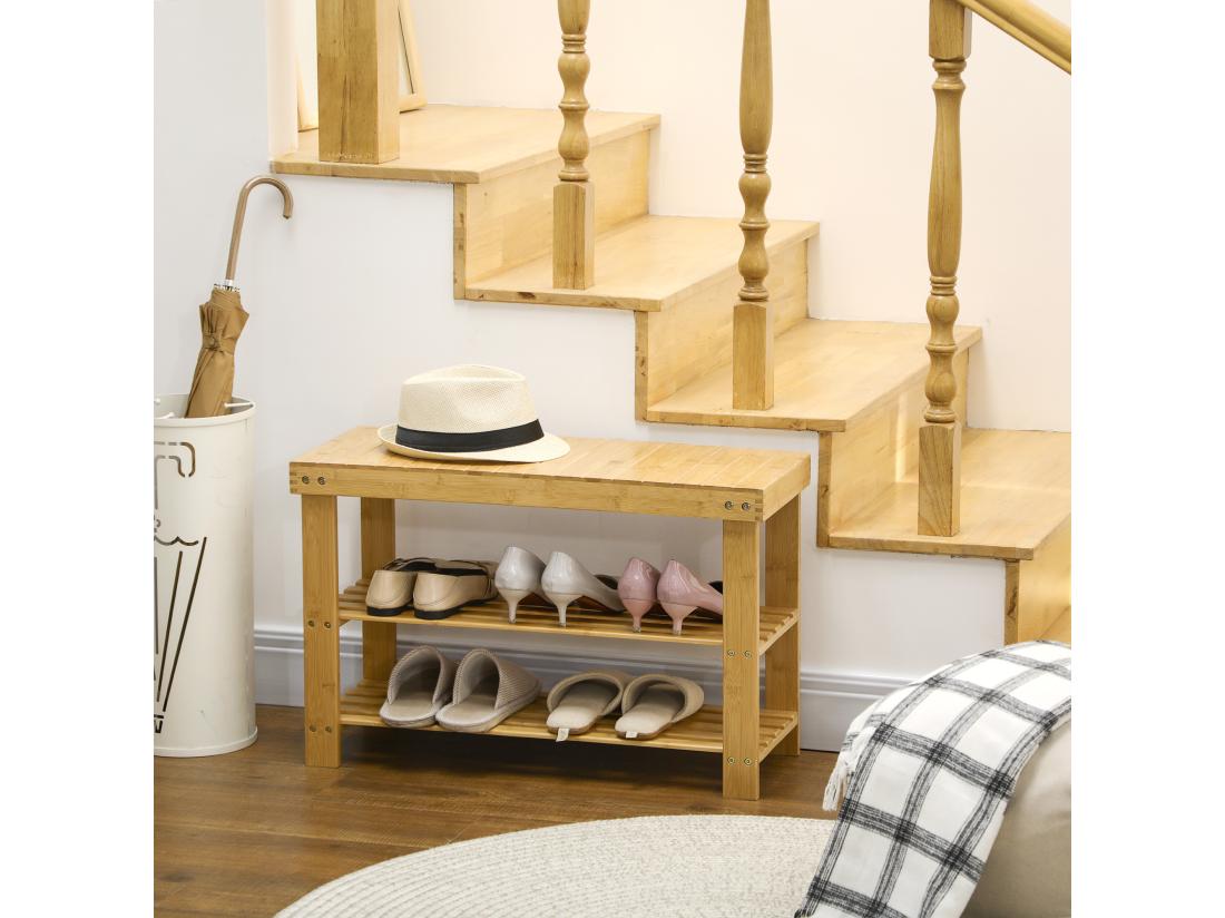 Vente Unique Banc à Chaussures 2 étagères Dim. 70L X 28l X 45H Cm Bois Bambou Verni