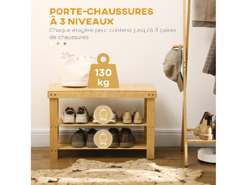 Vente Unique Banc à Chaussures 2 étagères Dim. 70L X 28l X 45H Cm Bois Bambou Verni