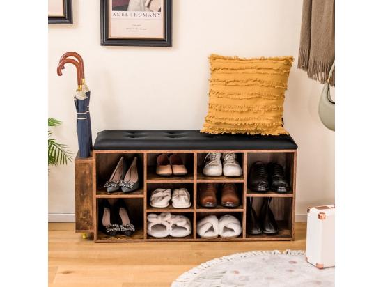 Vente Unique Banc à Chaussures Avec Porte-Parapluie Banc De Rangement 10 Compartiments Avec Coussin Rembourré Style Industriel Charge 300 Kg (Marron Rustique)