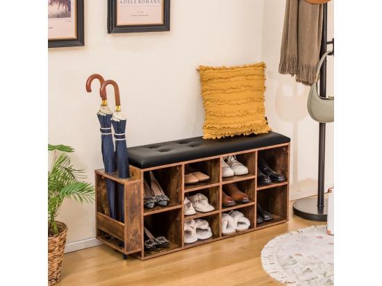 Vente Unique Banc à Chaussures Avec Porte-Parapluie Banc De Rangement 10 Compartiments Avec Coussin Rembourré Style Industriel Charge 300 Kg (Marron Rustique)