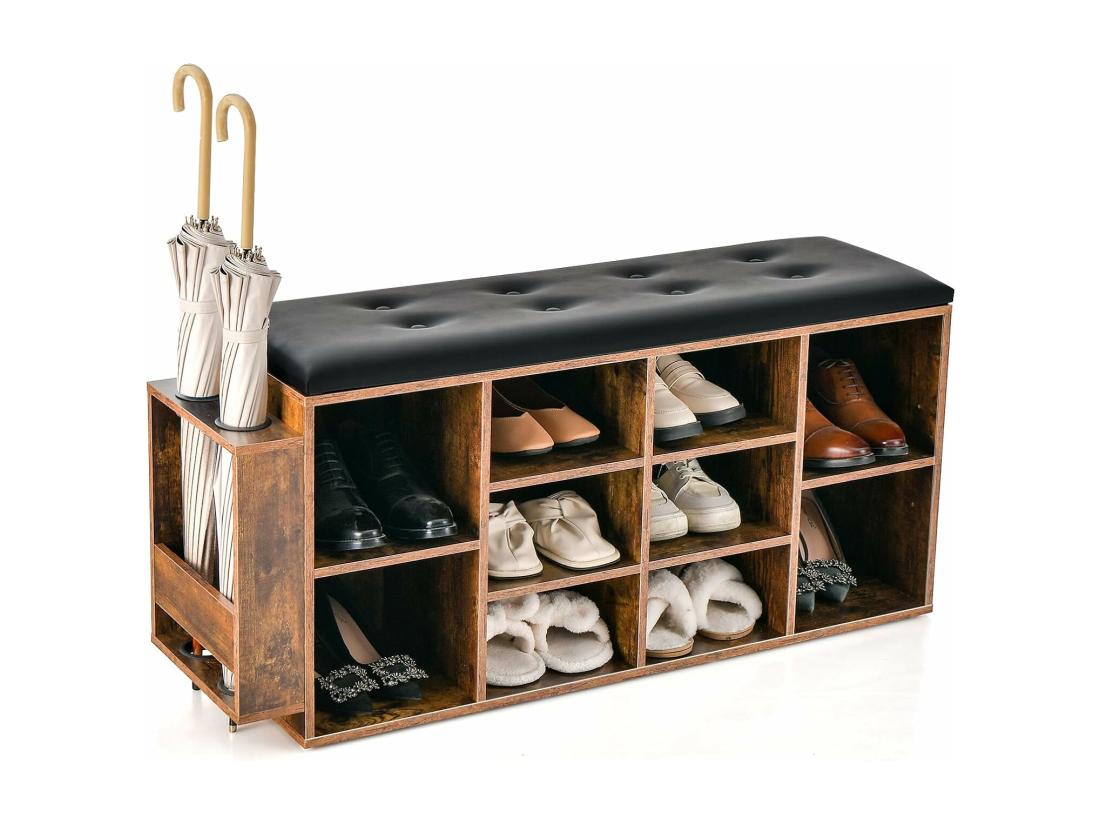 vente unique Banc à Chaussures avec Porte-Parapluie Banc de Rangement 10 Compartiments avec Coussin Rembourré Style Industriel Charge 300 kg (Marron Rustique)