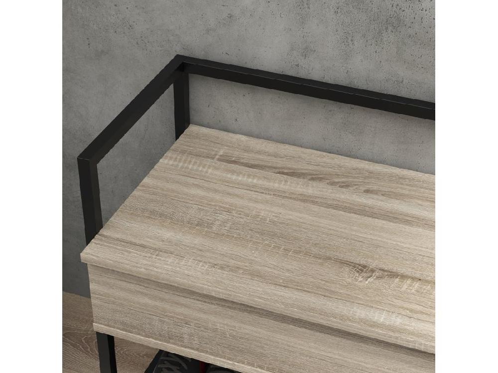 Vente Unique Banc à Chaussures Design Industriel - étagère Coffre De Rangement - Acier Noir Panneaux Aspect Chêne Clair