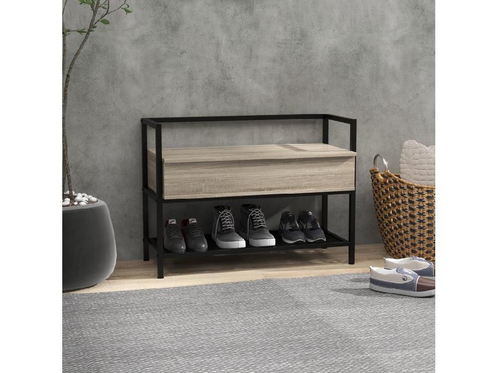 Vente Unique Banc à Chaussures Design Industriel - étagère Coffre De Rangement - Acier Noir Panneaux Aspect Chêne Clair