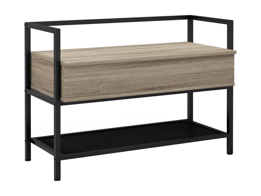 Vente Unique Banc à Chaussures Design Industriel - étagère Coffre De Rangement - Acier Noir Panneaux Aspect Chêne Clair
