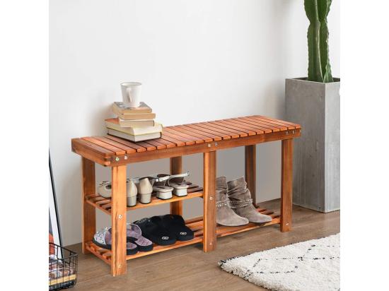 Vente Unique Banc à Chaussures En Bois D'Acacia Étagère De Rangement à 3 Niveaux Charge 160 Kg Pour L’Entrée Salon Salle De Bain Couloir Jardin 28 X 87 X 45 Cm Roux