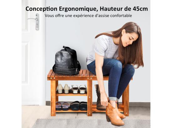 Vente Unique Banc à Chaussures En Bois D'Acacia Étagère De Rangement à 3 Niveaux Charge 160 Kg Pour L’Entrée Salon Salle De Bain Couloir Jardin 28 X 87 X 45 Cm Roux