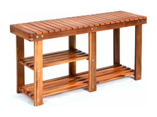 vente unique Banc à Chaussures en Bois d'Acacia Étagère de Rangement à 3 Niveaux Charge 160 kg pour l’Entrée Salon Salle de Bain Couloir Jardin 28 x 87 x 45 cm Roux