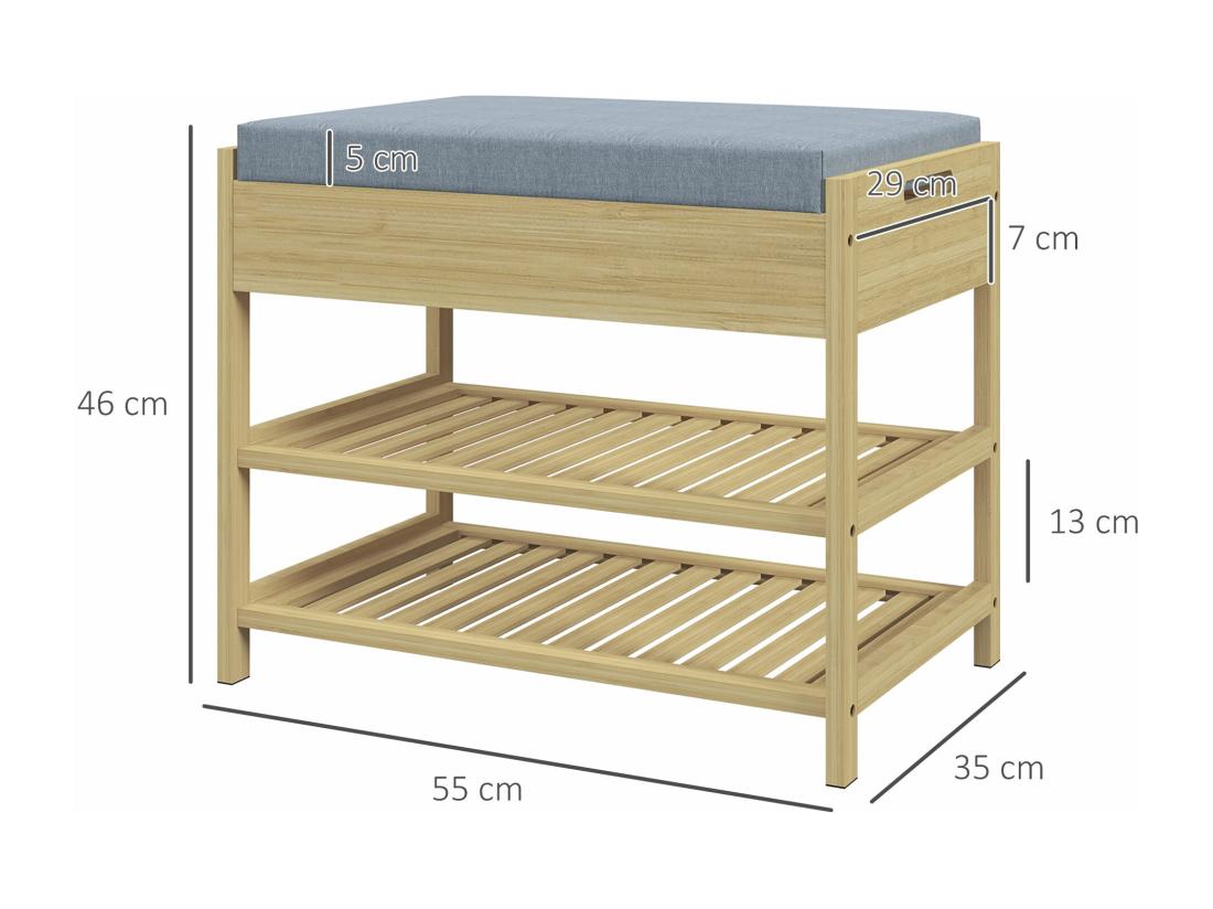 Vente Unique Banc à Chaussures Style Cosy Naturel 2 étagères Avec Coussin Bambou