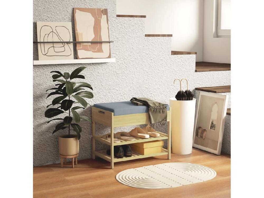 Vente Unique Banc à Chaussures Style Cosy Naturel 2 étagères Avec Coussin Bambou