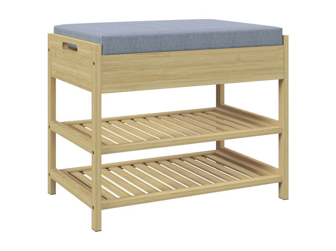 vente unique Banc à chaussures style cosy naturel 2 étagères avec coussin bambou