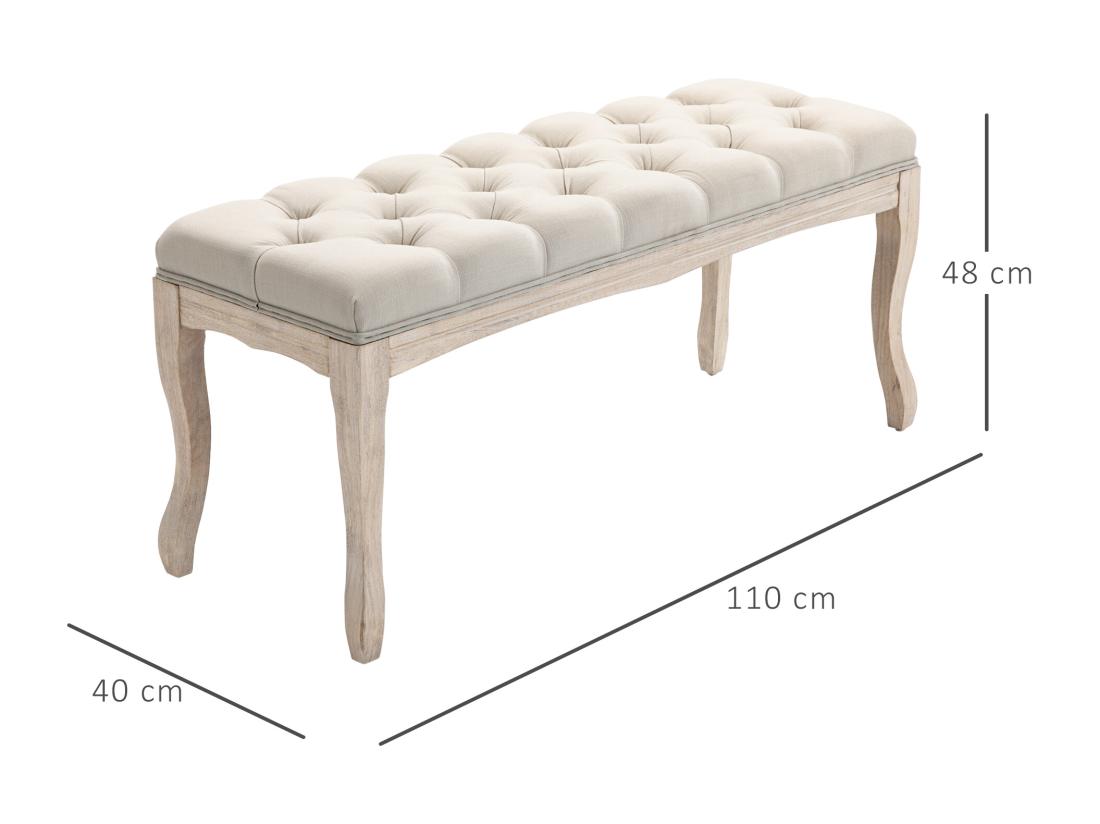 Vente Unique Banc Banquette Capitonnée Style Classique Chic Dim. 110L X 40l X 48H Cm Piètement Bois Hévéa Sculpté Lin Beige