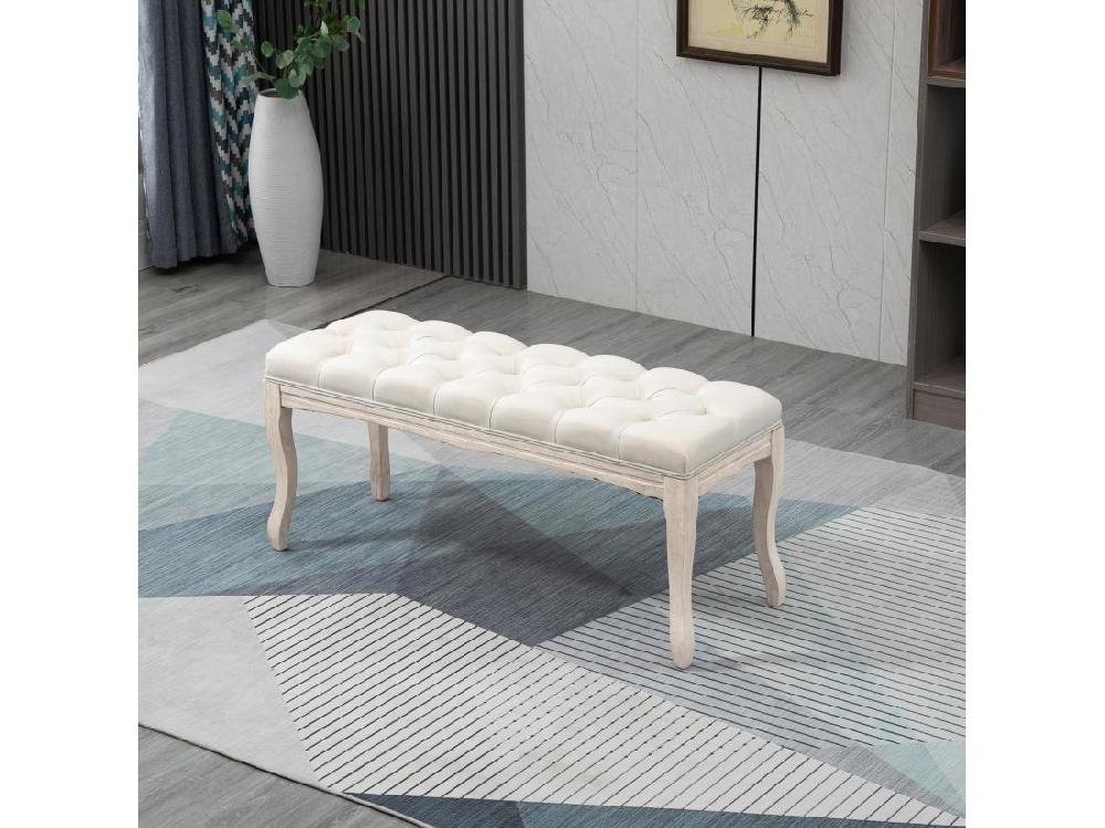Vente Unique Banc Banquette Capitonnée Style Classique Chic Dim. 110L X 40l X 48H Cm Piètement Bois Hévéa Sculpté Lin Beige