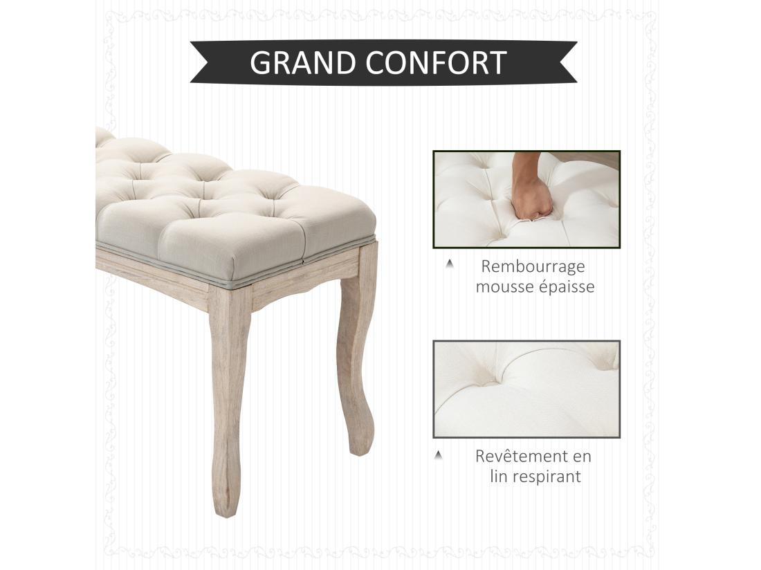 Vente Unique Banc Banquette Capitonnée Style Classique Chic Dim. 110L X 40l X 48H Cm Piètement Bois Hévéa Sculpté Lin Beige