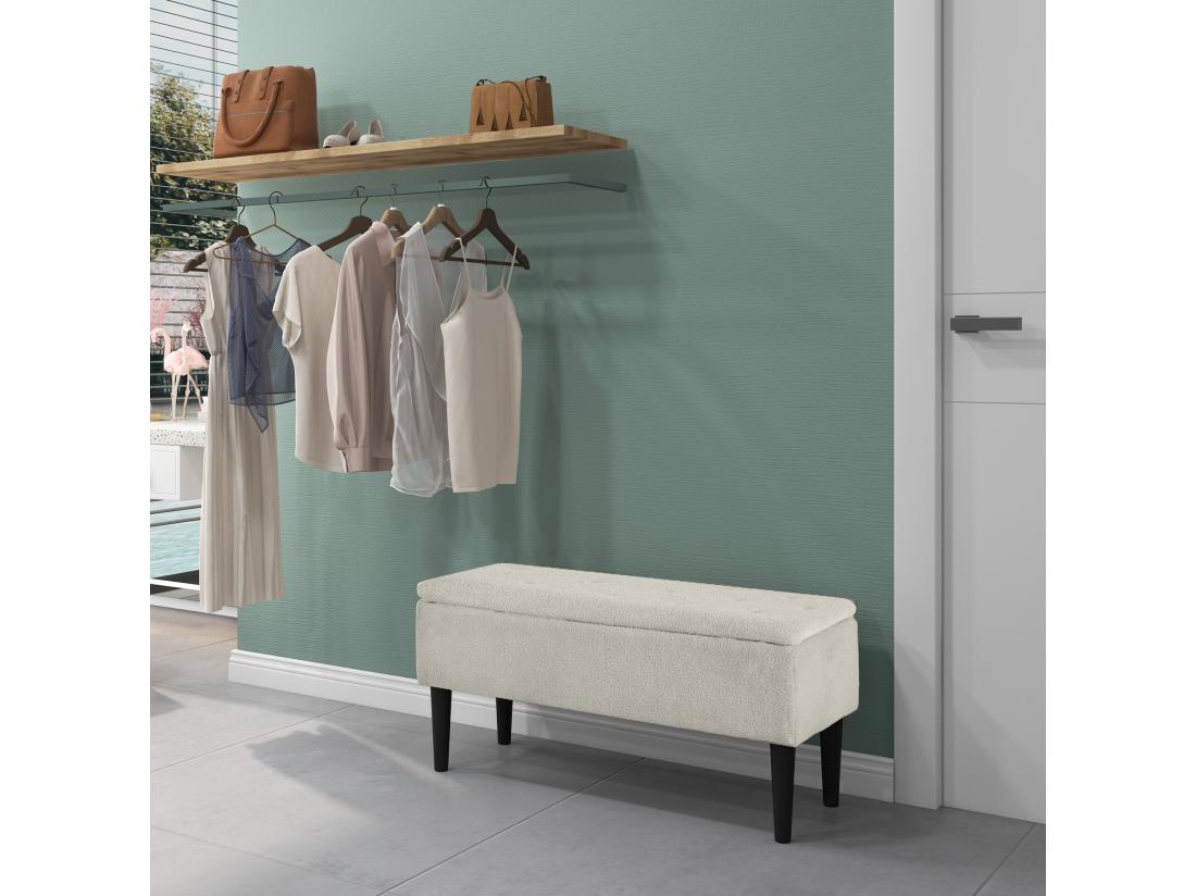 vente unique Banc coffre de rangement 2 en 1 dim. 95L x 38l x 45H cm piètement bois noir tissu blanc cassé