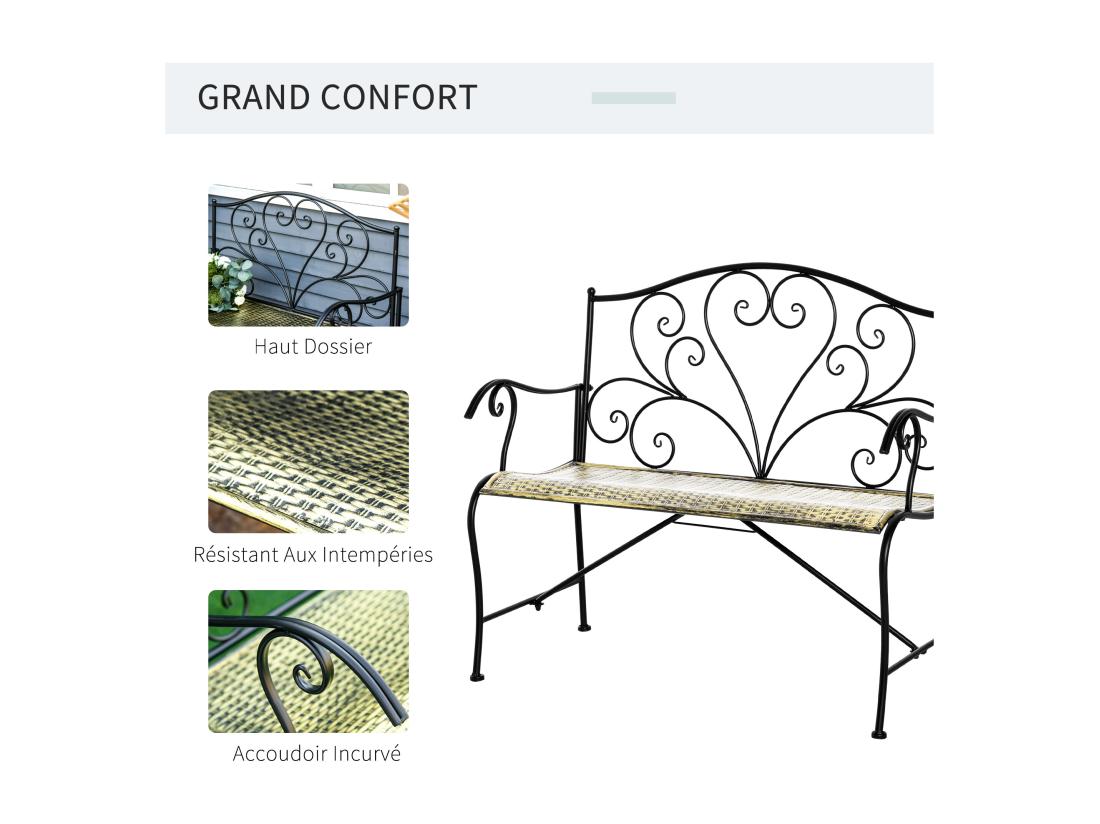 Vente Unique Banc De Jardin 2 Places Style Néo-rétro Fer Forgé Lignes Fuselées Métal Noir Doré Effet Vieilli
