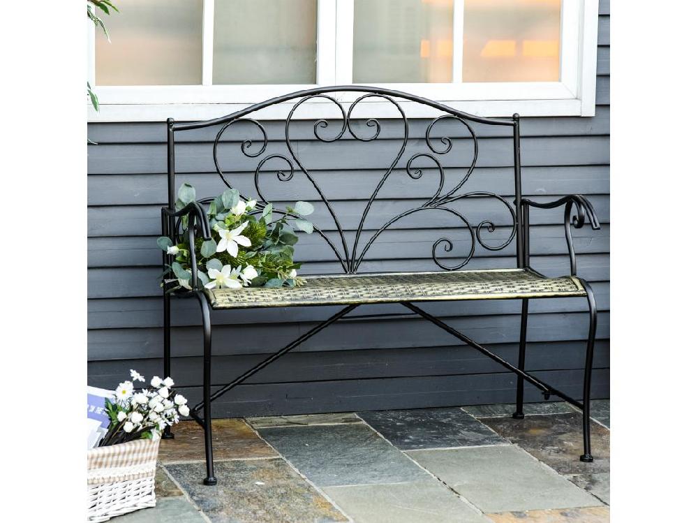 Vente Unique Banc De Jardin 2 Places Style Néo-rétro Fer Forgé Lignes Fuselées Métal Noir Doré Effet Vieilli