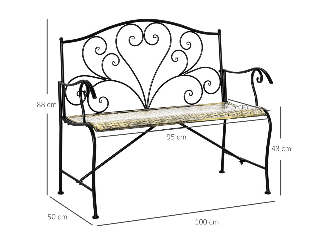 vente unique Banc de jardin 2 places style néo-rétro fer forgé lignes fuselées métal noir doré effet vieilli